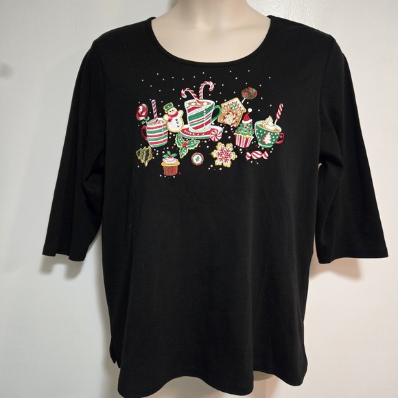 Quacker Factory Tops - Quacker Factory All is Bright Holiday Bling 3/4 Sleeve T Shirt‎ Black Holiday XL